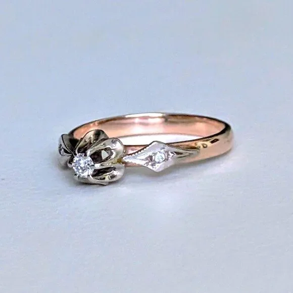 Vintage Russian USSR Solid 14K 585 Rose Pink White Gold Diamond Buttercup Ring